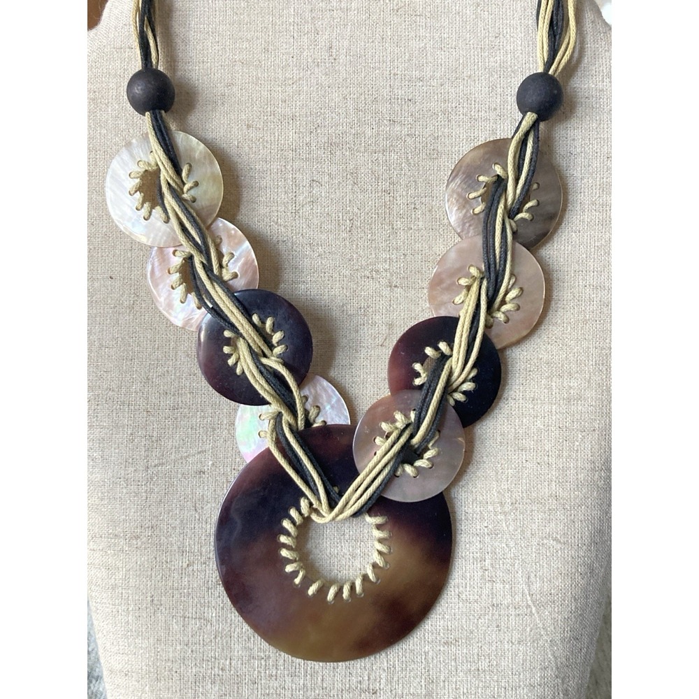 Boho Shell Disc Statement Necklace Black Tan Cord Donut Pendant Earthy Artisan